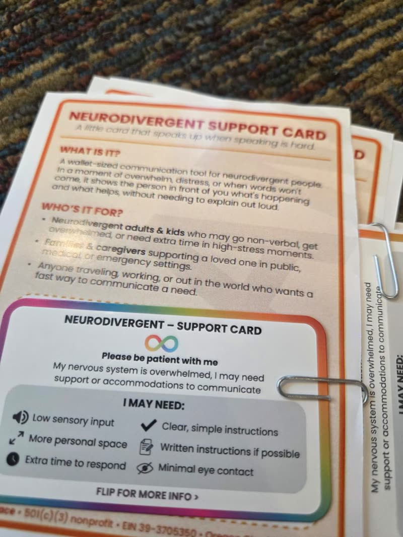 Close view of a Neurodivergent Support Card used at Bash